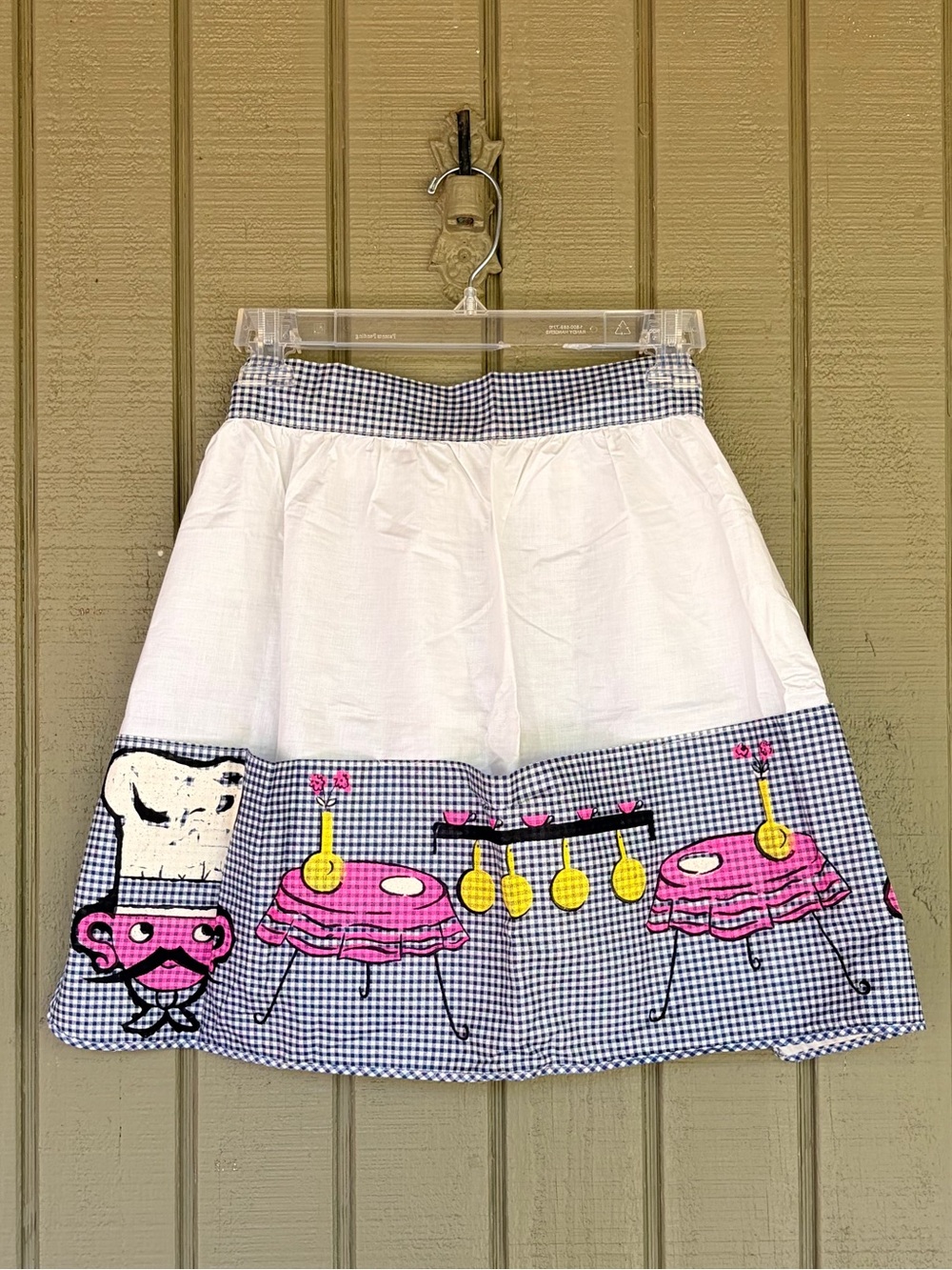 Vintage Michael Miller Cartoon Chef Novelty Half Waist Apron Gingham Pockets